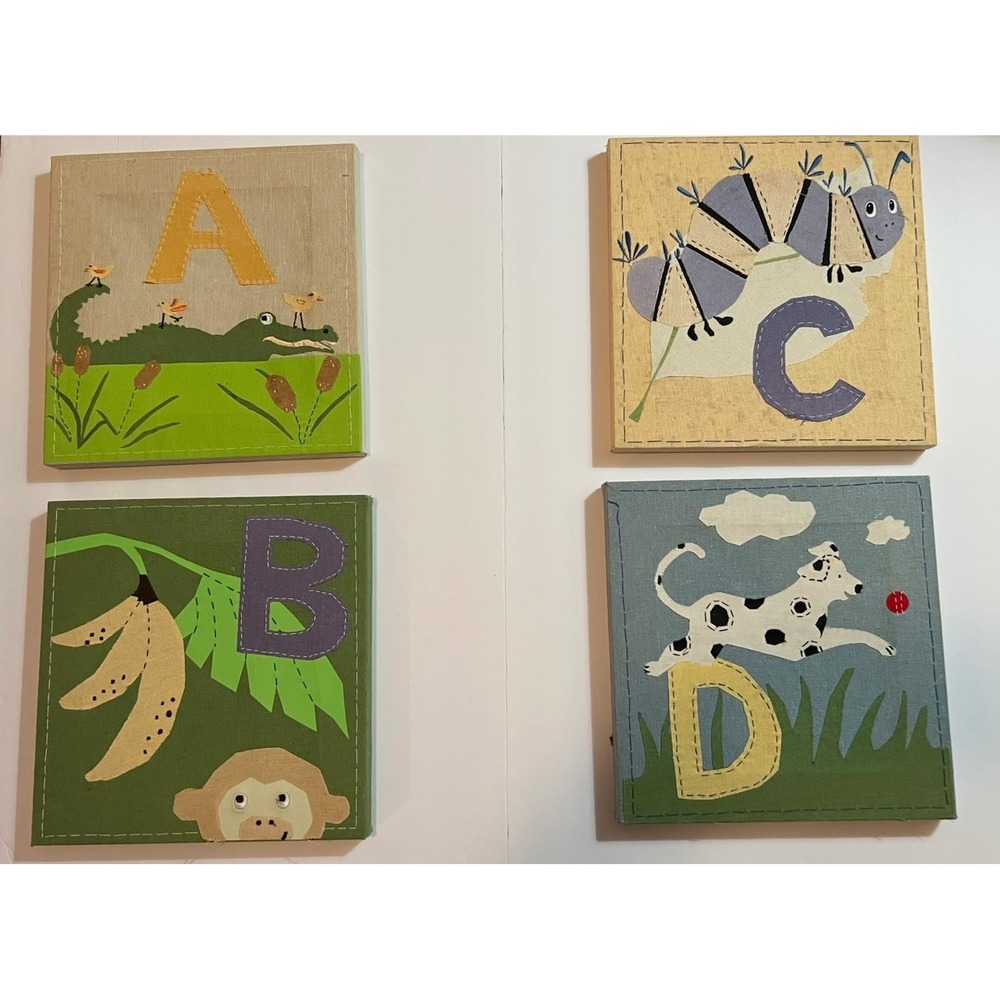Pottery Barn Kids Alphabet Animal Wall Art Set of 4 A B C D Fabric Canvas Decor